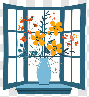 Spring Window Flowers - Illustrated Flower Vase By The Window Transparent PNG