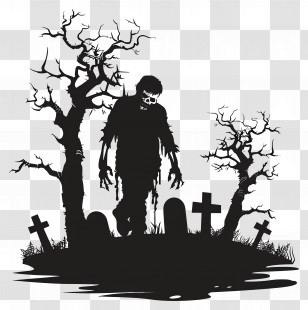 Halloween Silhouette - Creepy Zombie Silhouette With Trees And Graves Transparent PNG