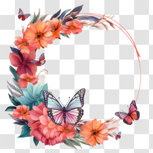 Flower Frame - Floral Wreath With Butterflies Design Transparent PNG