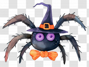 Halloween Spider - Cartoon Witch Spider With Hat And Bow Tie Transparent PNG