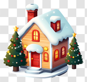 Winter Illustration - Snow-Covered House With Decorated Christmas Trees Transparent PNG