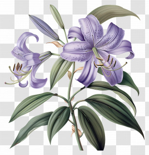Lily Stem - Detailed Botanical Drawing Of Purple Lilies Transparent PNG