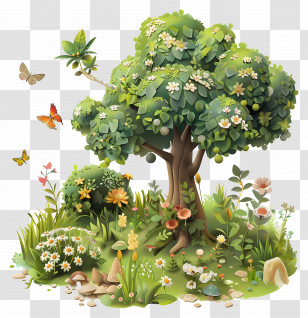 Tree With Flowers - Beautiful Tree With Flowers And Butterflies Transparent PNG