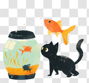 Cat With Fish Tank - Curious Black Cat Watching Goldfish Transparent PNG