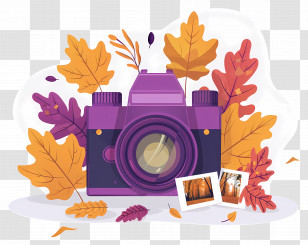 Cartoon Camera - Purple Camera With Autumn Leaves And Photos Transparent PNG
