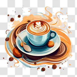Cappuccino Day - Artistic Coffee Cup With Latte Art And Swirling Pattern Transparent PNG