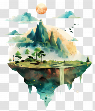 Floating Land - Fantasy Floating Island With Mountains And Trees Transparent PNG