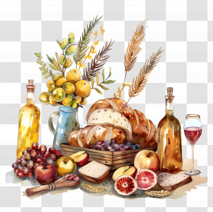 Shavuot - Rustic Still Life Of Food And Wine Bottles Transparent PNG