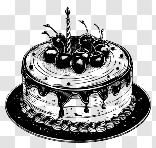 Black Cake - Black And White Drawing Of A Birthday Cake With Cherries Transparent PNG
