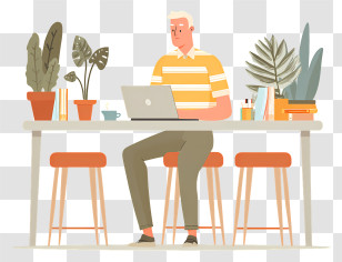Man Working On Table - Man Working On Laptop With Plants Transparent PNG