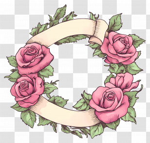Banner Circle - Floral Wreath With Pink Roses And Scroll Banner Transparent PNG
