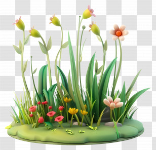 Meadow - 3D Cartoon Grassland With Blooming Flowers Transparent PNG