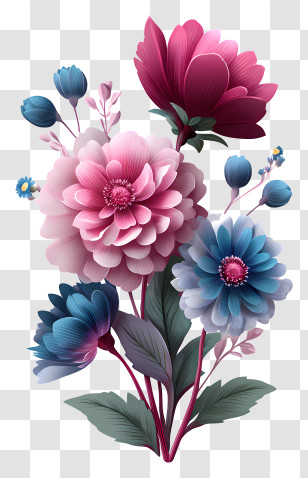 Pink And Blue Flowers - Colorful Bouquet Of Flowers Transparent PNG