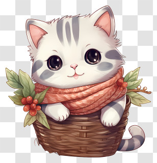 Kitten - Cute Cartoon Cat In Basket With Scarf Transparent PNG