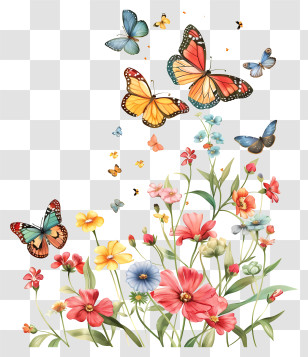 Butterflies - Artistic Depiction Of Butterflies Among Blooming Flowers Transparent PNG