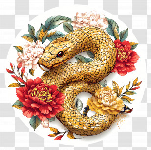 Lunar New Year - Golden Snake With Floral Background Transparent PNG