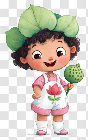 Cute Cartoon Toddler - Child With Leaf Hat And Lotus Transparent PNG