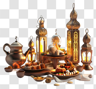 Ramadan - Eid Celebration With Lanterns And Food Transparent PNG