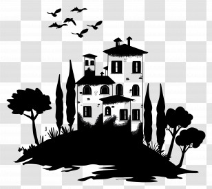 Building Silhouette - Silhouette Of A House With Trees And Birds Transparent PNG