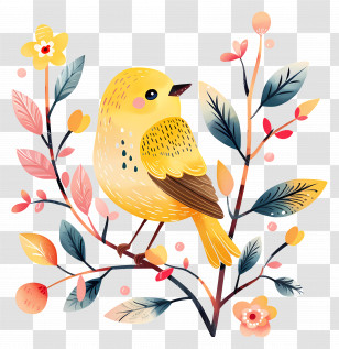 Yellow Bird And Floral Design - Yellow Bird Illustration With Floral Motif Transparent PNG