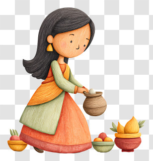 Woman Preparing Diwali Food - Girl With Pot In Traditional Attire Transparent PNG
