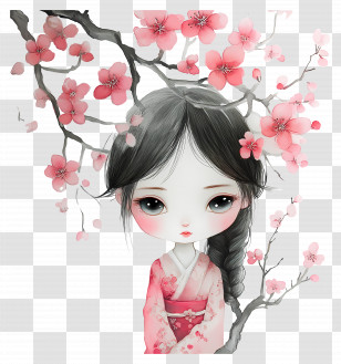 Blossom Girl - Girl With Cherry Blossoms In Pink Kimono Transparent PNG