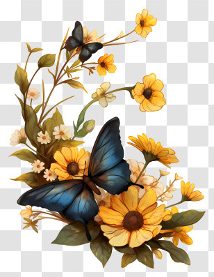 Spring Flower Corner - Blue Butterfly Floral Bouquet Transparent PNG