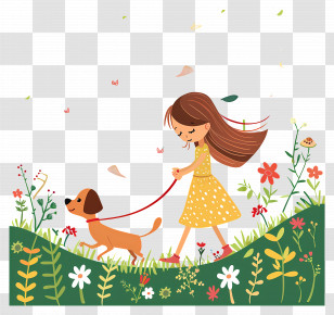 Take Your Dog To Work Day - Girl Walking Dog In Flower Field Transparent PNG