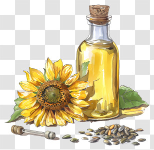 Sunflower Oil - Sunflower Oil Bottle With Seeds And Flower Transparent PNG