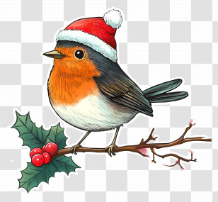 Christmas Bird - Robin Bird Wearing Santa Hat Sitting On Holly Branch Transparent PNG