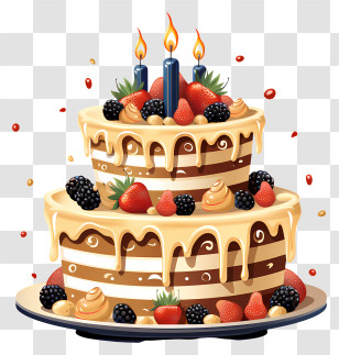 Birthday Cake - Fruit Decorated Layered Cake With Candles Transparent PNG
