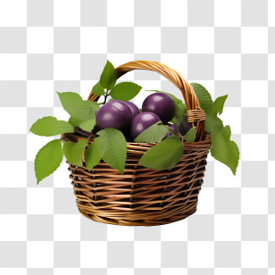 Plum - Basket Of Purple Plums With Leaves Transparent PNG