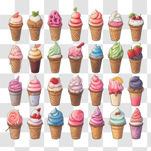 Ice Cream - Variety Of Colorful Ice Cream Cones For Summer Desserts Transparent PNG