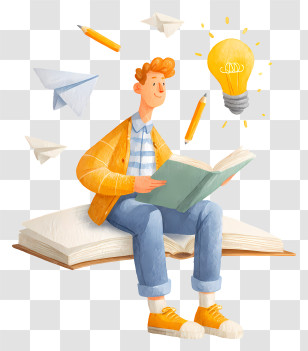 Reading And Knowledge - Boy Sitting On Books With Ideas Transparent PNG