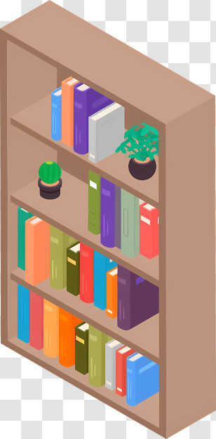Icon - Wooden Bookshelf With Colorful Books And Plants Transparent PNG