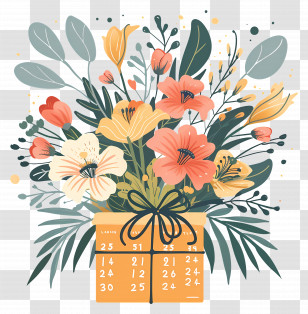 Gift - Beautiful Flower Bouquet With Calendar Transparent PNG