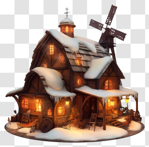 Abandoned Wooden Barn In Blizzard - Cozy Snowy Cottage With Windmill Transparent PNG