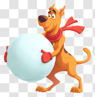 Scooby Doo Pushing Snowball - Cartoon Dog With Snowball And Red Scarf Transparent PNG