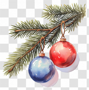 Christmas Balls On A Branch - Red And Blue Christmas Ornaments On Pine Branch Transparent PNG