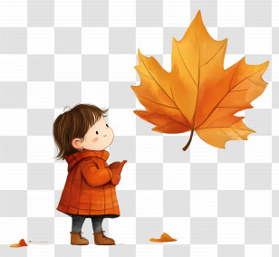 Autumn Leaf Cute - Child In Orange Coat With Falling Leaf Transparent PNG