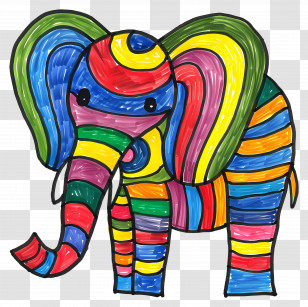 Cartoon Elephant - Colorful Striped Elephant Drawing Transparent PNG