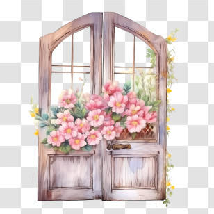 Wooden Door - Charming Wooden Door With Pink Flowers Transparent PNG