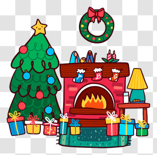 Christmas Decorations - Christmas Tree And Cozy Fireplace Transparent PNG