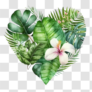 Watercolor Heart
 - Tropical Leaves Heart With Hibiscus Flower Transparent PNG