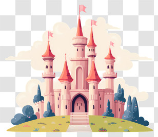 Princess Castle - Illustration Of A Fairy Tale Castle With Red Tower Roofs Transparent PNG