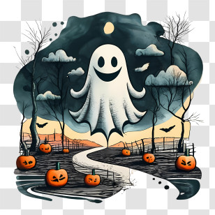 Halloween Ghost - Smiling Ghost And Halloween Pumpkins Illustration Transparent PNG