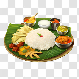Onam Sadya Food - Traditional Indian Meal Served On Banana Leaf Transparent PNG