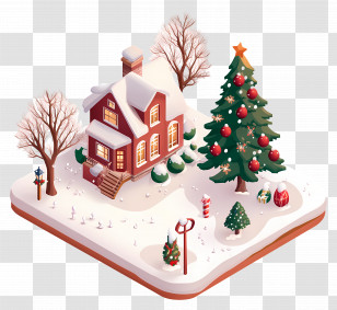 Christmas House - Snowy Winter House With Christmas Tree Transparent PNG