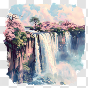 Victoria Falls - Scenic Waterfall With Trees And Birds Transparent PNG