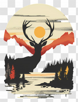 Deer Silhouette - Deer Silhouette With Forest And Mountain Scenery Transparent PNG